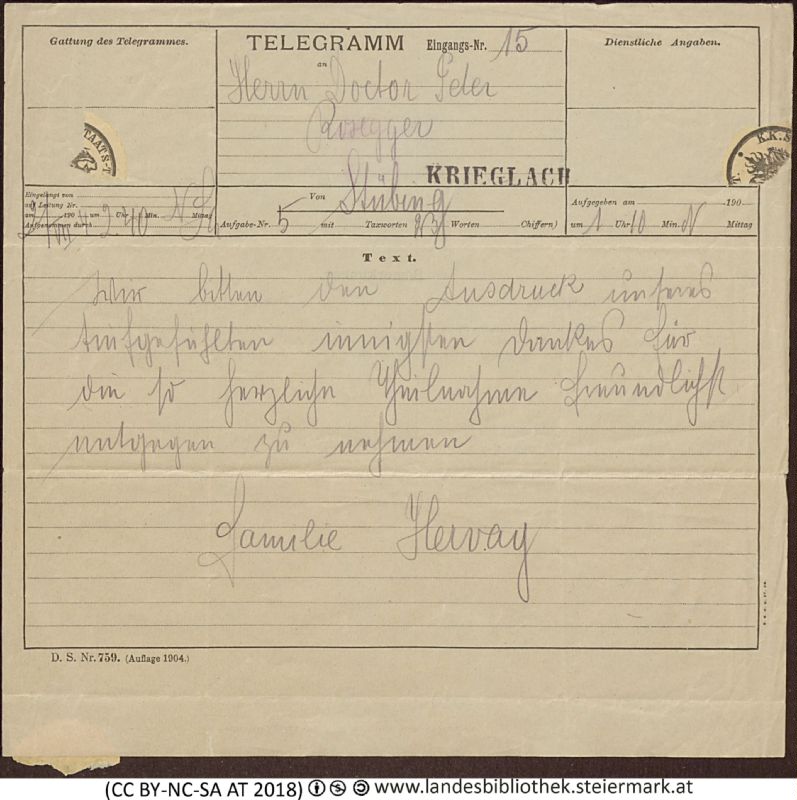 Bucheinband von 'Telegram an Peter Rosegger, Band PR_ - B320.2-B13'