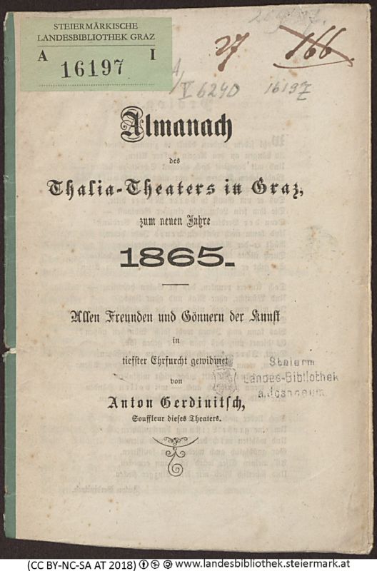 Bucheinband von 'Almanach des Thalia-Theaters in Graz, zum neuen Jahr 1865, Band 1865'