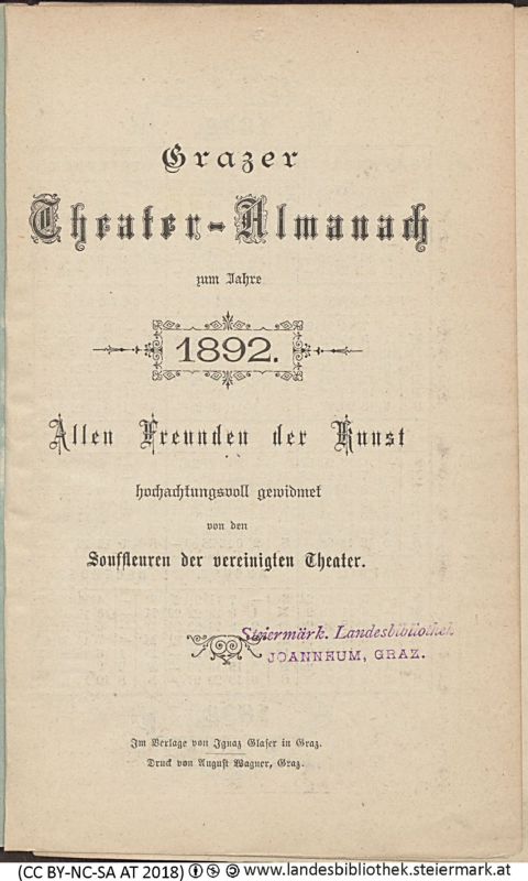 Bucheinband von 'Grazer Theater-Almanach, zum neuen Jahr 1892, Band 1892'