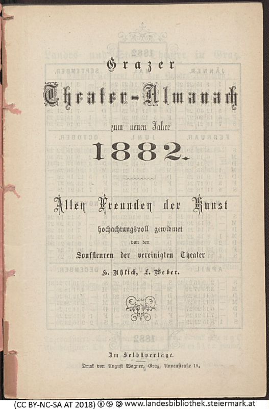 Bucheinband von 'Grazer Theater-Almanach, zum neuen Jahr 1882, Band 1882'