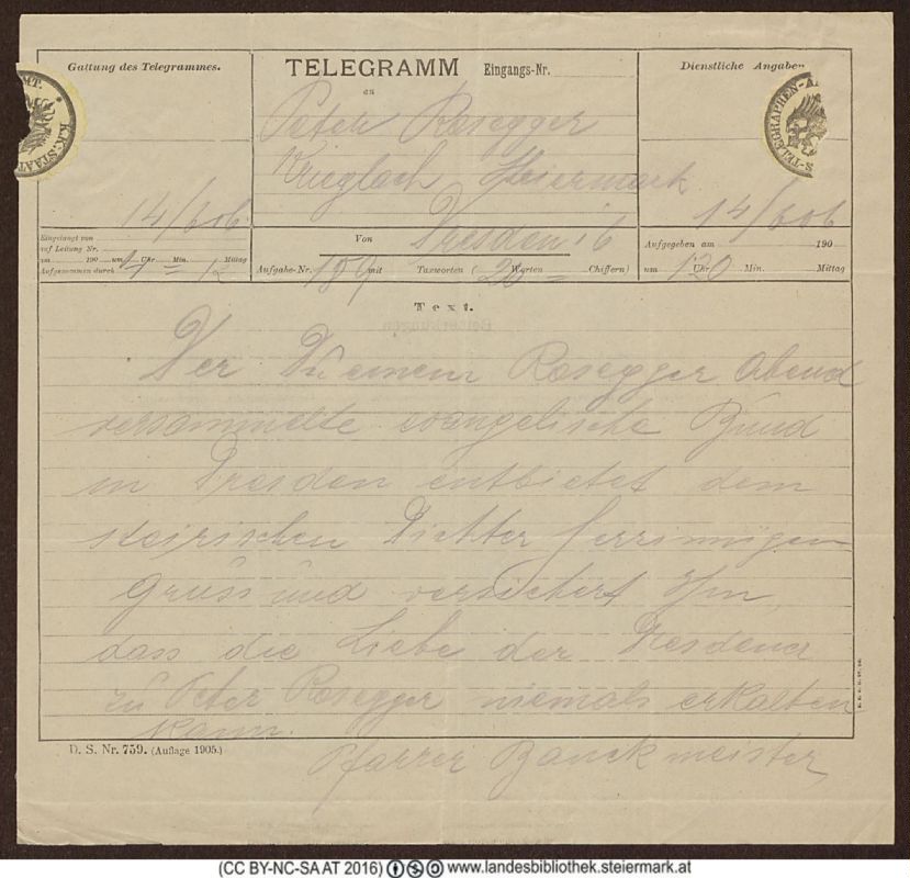 Bucheinband von 'Telegramm an Peter Rosegger'