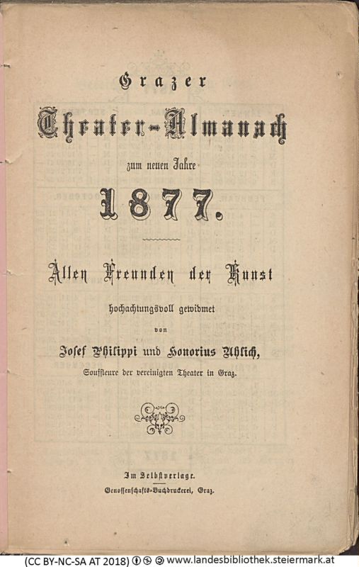 Bucheinband von 'Grazer Theater-Almanach, zum neuen Jahr 1877, Band 1877'