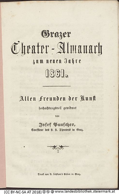 Bucheinband von 'Grazer Theater-Almanach, zum neuen Jahr 1861, Band 1861'