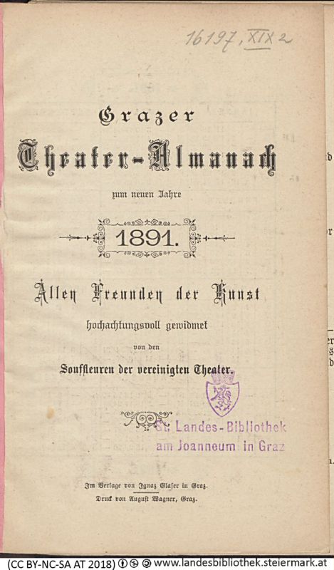 Bucheinband von 'Grazer Theater-Almanach, zum neuen Jahr 1891, Band 1891'