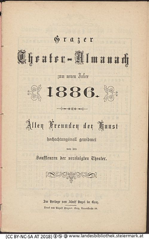 Bucheinband von 'Grazer Theater-Almanach, zum neuen Jahr 1886, Band 1886'