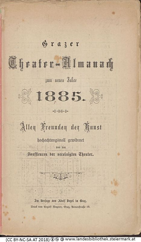 Bucheinband von 'Grazer Theater-Almanach, zum neuen Jahr 1885, Band 1885'