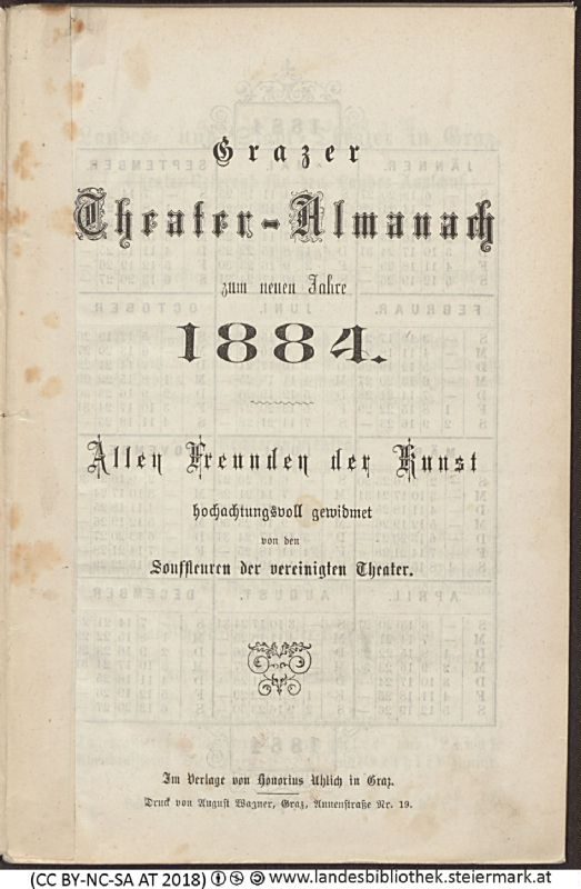 Bucheinband von 'Grazer Theater-Almanach, zum neuen Jahr 1884, Band 1884'