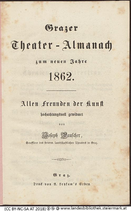 Bucheinband von 'Grazer Theater-Almanach, zum neuen Jahr 1862, Band 1862'