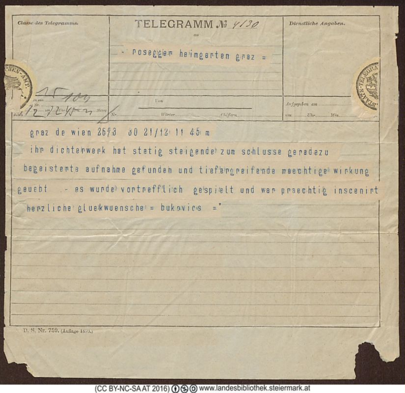Bucheinband von 'Telegramm an Peter Rosegger, Band PR_ - B94.4-B3'