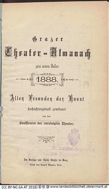 Bucheinband von 'Grazer Theater-Almanach, zum neuen Jahr 1888, Band 1888'