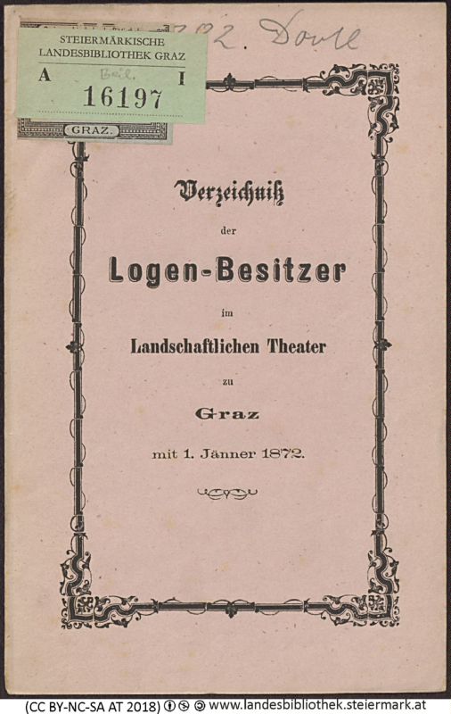 Bucheinband von 'Verzeichnis der Logen-Besitzer im Landschaftlichen Theater zu Graz mit 1. Jänner 1872, Band 1872'