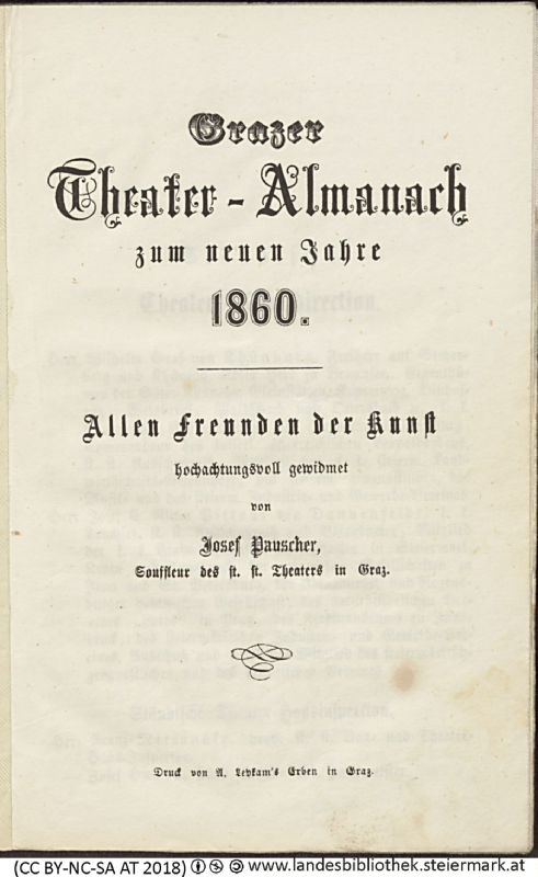 Bucheinband von 'Grazer Theater-Almanach, zum neuen Jahr 1860, Band 1860'