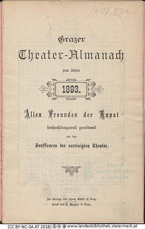 Bucheinband von 'Grazer Theater-Almanach, zum neuen Jahr 1893, Band 1893'